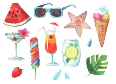 Büyük bir suluboya film seti. Dondurma, kokteyl ve güneş gözlüğü ile elle boyanmış resimler..