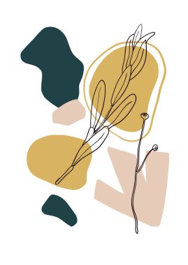 Geometrik soyut şekiller ve bitki ana hatları siluetleriyle çağdaş minimalist boho tarzı poster.