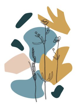 Geometrik soyut şekiller ve bitki ana hatları siluetleriyle çağdaş minimalist boho tarzı poster.