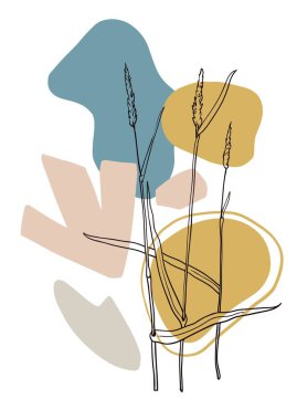 Geometrik soyut şekiller ve bitki ana hatları siluetleriyle çağdaş minimalist boho tarzı poster.