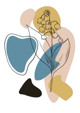 Geometrik soyut şekiller ve bitki ana hatları siluetleriyle çağdaş minimalist boho tarzı poster.