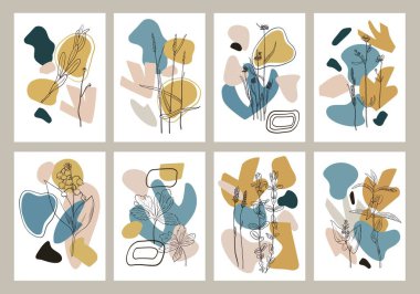 Soyut geometrik şekiller ve bitki ana hatları siluetleriyle minimal çağdaş tarzda büyük duvar posterleri..