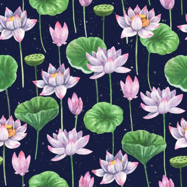 Suluboya nilüfer çiçekleri ve kumaş ve diğer tasarım kullanımları için yaprakları olan sanatsal kusursuz desenler..