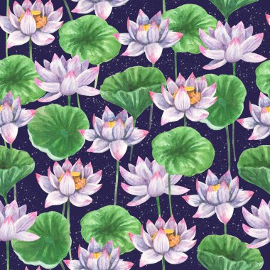 Suluboya nilüfer çiçekleri ve kumaş ve diğer tasarım kullanımları için yaprakları olan sanatsal kusursuz desenler..