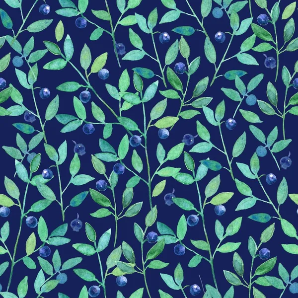 Seamless pattern with watercolor painted blueberries. Illustration with wild berries.