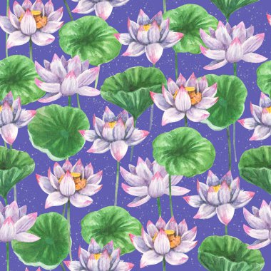 Suluboya nilüfer çiçekleri ve kumaş ve diğer tasarım kullanımları için yaprakları olan sanatsal kusursuz desenler..