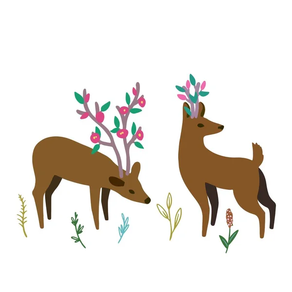 Zwei niedliche Doodle-Hirsche mit rosa Blüten auf ihrem Geweih. — Stockvektor