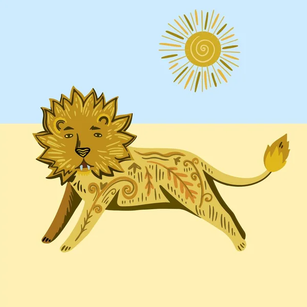 Lindo león de hadas con elementos florales ornamentales ornamentales en el desierto. — Vector de stock