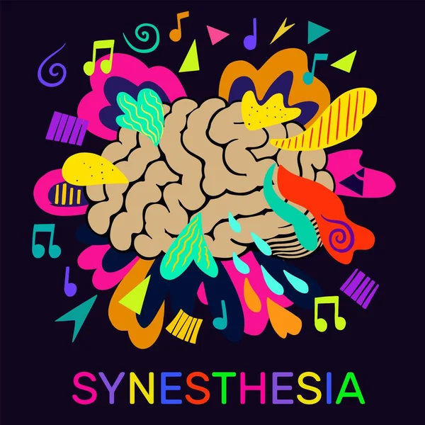 Synesthesia. Bright concept of human brain, notes and colorful psychedelic shapes. — Stock Vector