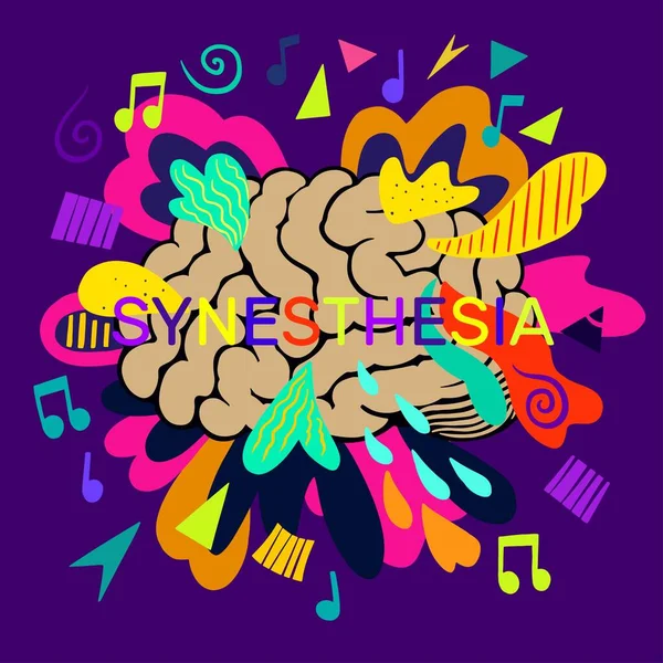 Synesthesia. Bright concept of human brain, notes and colorful psychedelic shapes. — Stock Vector
