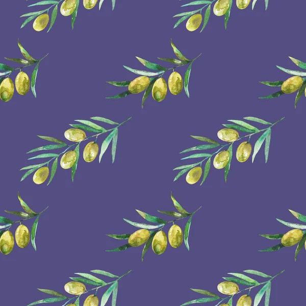 Płynny wzór z gałązkami oliwnymi i oliwkami. Rysunek ręczny akwarela — Zdjęcie stockowe