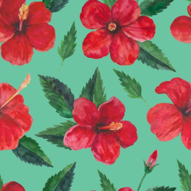 Kırmızı amber çiçekleri ve yapraklarıyla tropik, pürüzsüz desen. Suluboya çizimi.
