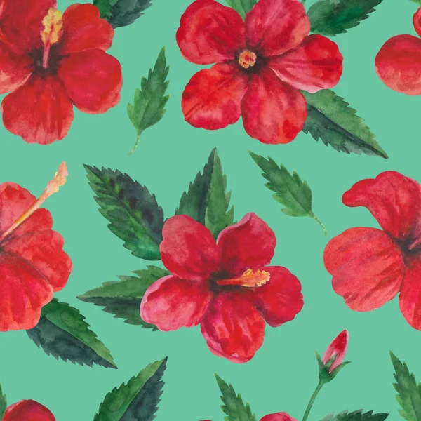 Tropisch naadloos patroon met rode hibiscus bloemen en bladeren. Aquarelillustratie. — Stockfoto