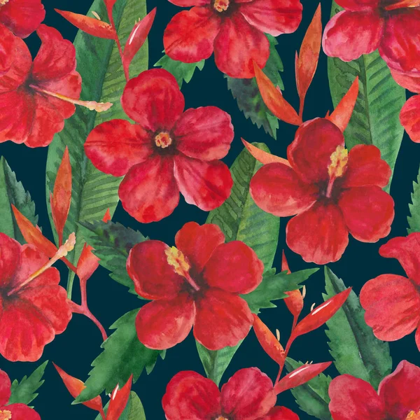 Motif tropical sans couture avec fleurs et feuilles d'hibiscus rouges. Illustration aquarelle. — Photo