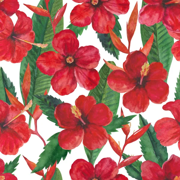 Tropisch naadloos patroon met rode hibiscus bloemen en bladeren. Aquarelillustratie. — Stockfoto