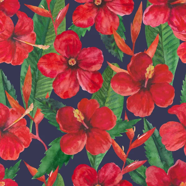 Motif tropical sans couture avec fleurs et feuilles d'hibiscus rouges. Illustration aquarelle. — Photo