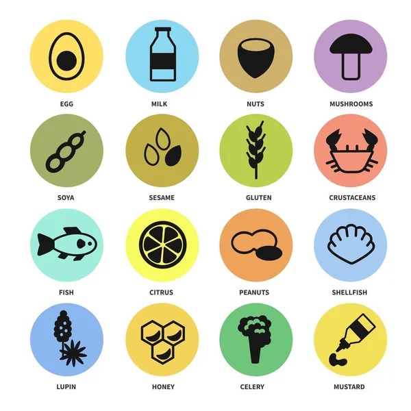 Duży zestaw ikon z głównymi alergenami w żywności — Wektor stockowy