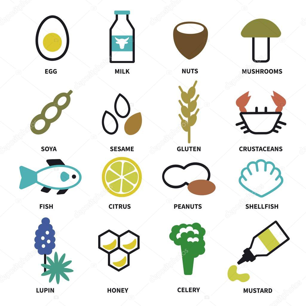 Large set of icons with the main allergens in food