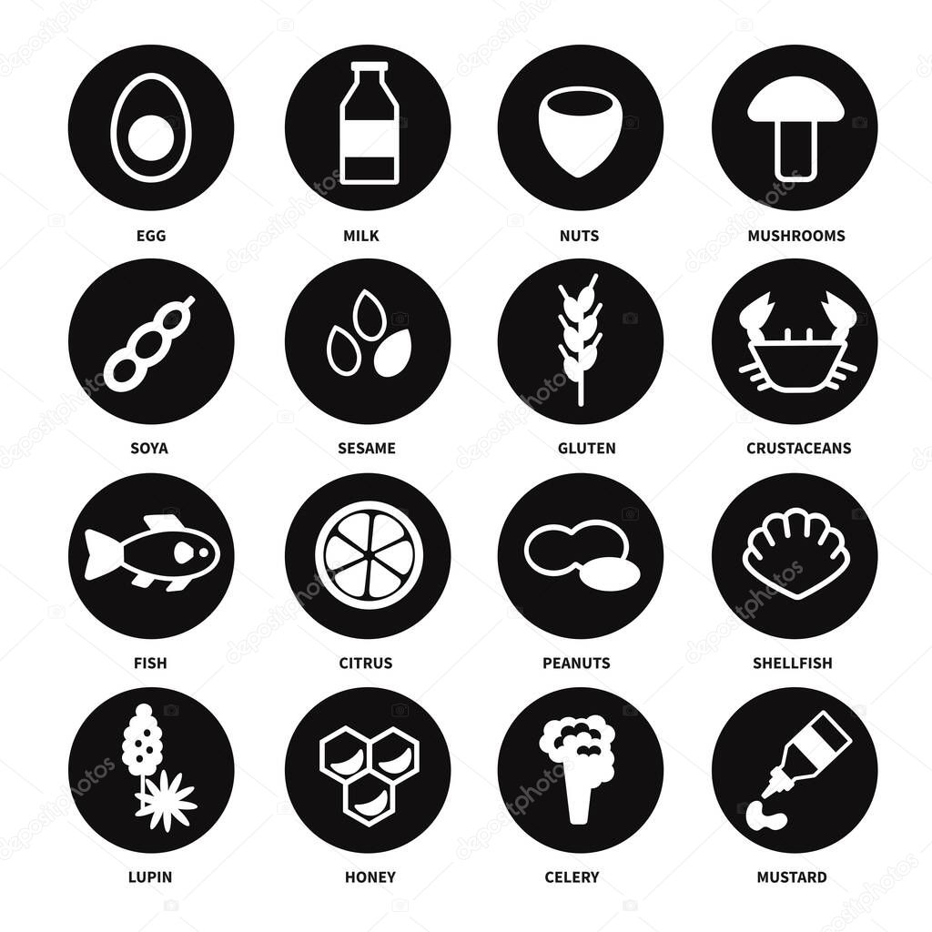 Large set of black and white icons with the main allergens in food