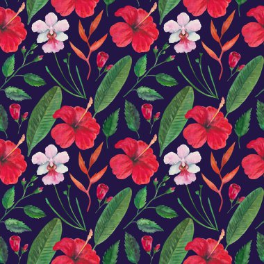 Kırmızı amber çiçekleri, orkideler ve yapraklarla tropik, pürüzsüz desen. Suluboya çizimi.