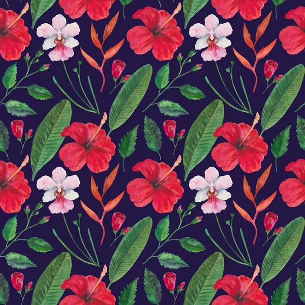Trópusi zökkenőmentes minta vörös hibiszkusz virágokkal, orchideákkal és levelekkel. Akvarell illusztráció. — Stock Fotó