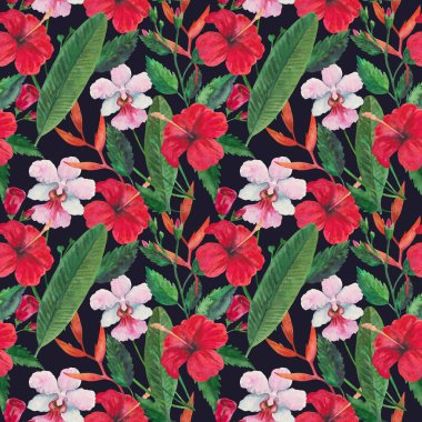 Kırmızı amber çiçekleri, orkideler ve yapraklarla tropik, pürüzsüz desen. Suluboya çizimi.