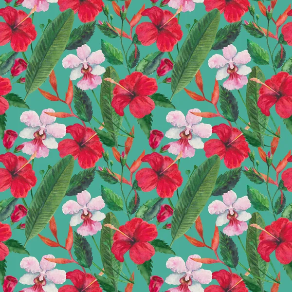 Trópusi zökkenőmentes minta vörös hibiszkusz virágokkal, orchideákkal és levelekkel. Akvarell illusztráció. — Stock Fotó