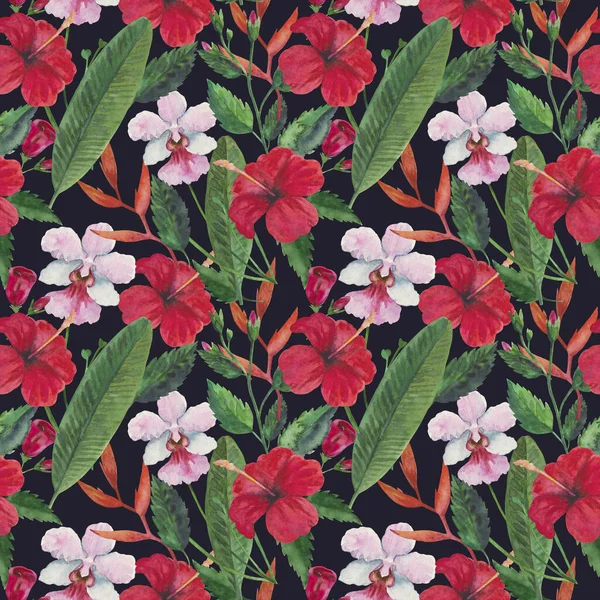 Motif tropical sans couture avec fleurs d'hibiscus rouges, orchidées et feuilles. Illustration aquarelle. — Photo