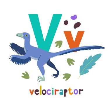 Velociraptor. Dinozor ve V harfiyle çizilmiş güzel bir el çizimi..