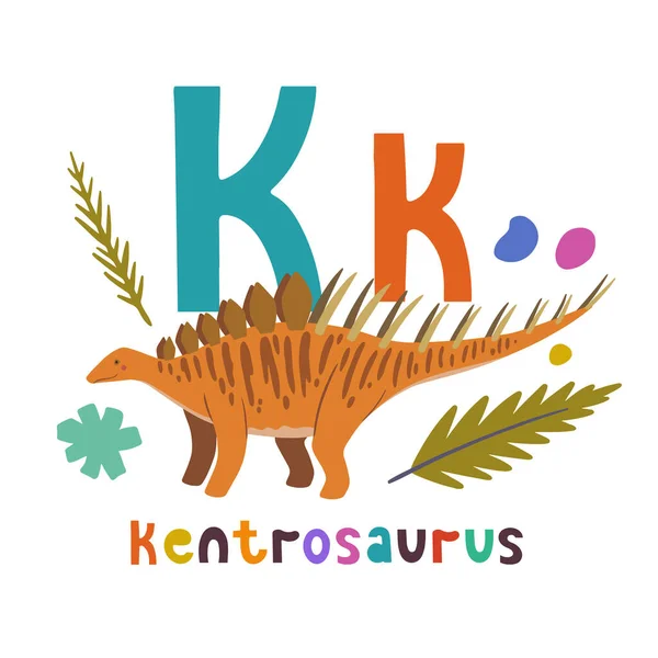 Kentrosaurus. Mignon dessin animé illustration dessinée à la main avec dinosaure et lettre K. — Image vectorielle