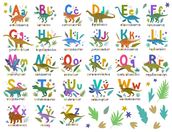 Alphabet Dino. Ensemble coloré lumineux avec dessin animé dessiné à la main dinosaures mignons et des compositions de lettres pour les enfants et comme ressources éducatives — Image vectorielle