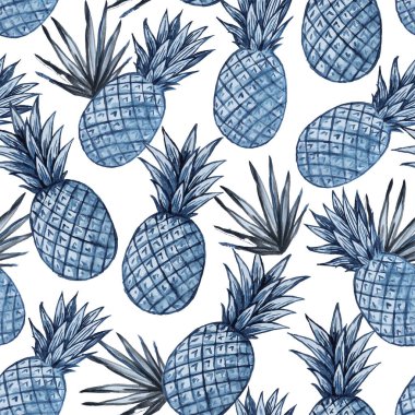 Suluboya ile kusursuz desen mavi ve beyaz boyalı minimalist ananas