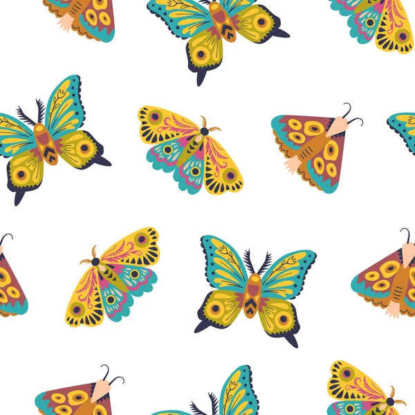 Χαριτωμένο μοτίβο χωρίς ραφή με πεταλούδες και σκώρους. Doodle έντομο σε μινιμαλιστικό στυλ. Χειροποίητη απεικόνιση. — Διανυσματικό Αρχείο