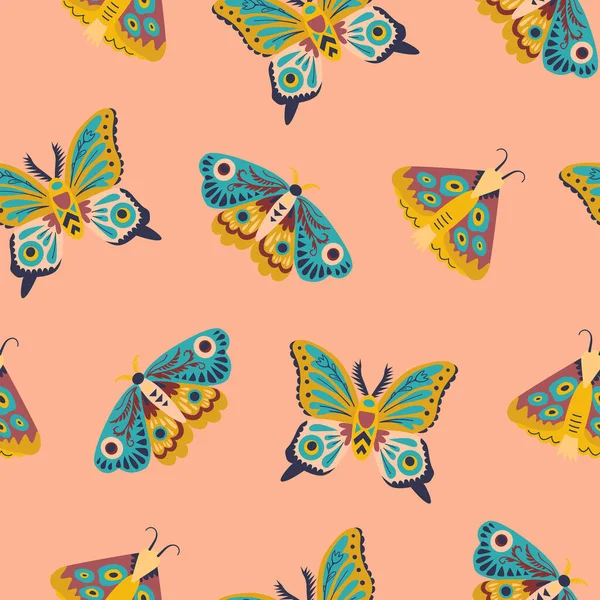 Niedliches nahtloses Muster mit Schmetterlingen und Motten. Gekritzeltes Insekt im minimalistischen Stil. Handgezeichnete Illustration. — Stockvektor