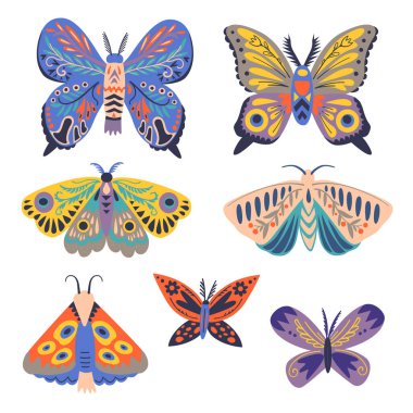 Sevimli soyut süslemeli gece kelebekleri, beyaz arka planda izole kelebekler. Vektör el çizimi resimleme