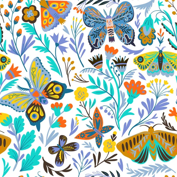 Elegantes, nahtloses Muster mit dekorativen abstrakten Blumen, Schmetterlingen und Motten im Doodle-Stil. Vektorillustration. — Stockvektor