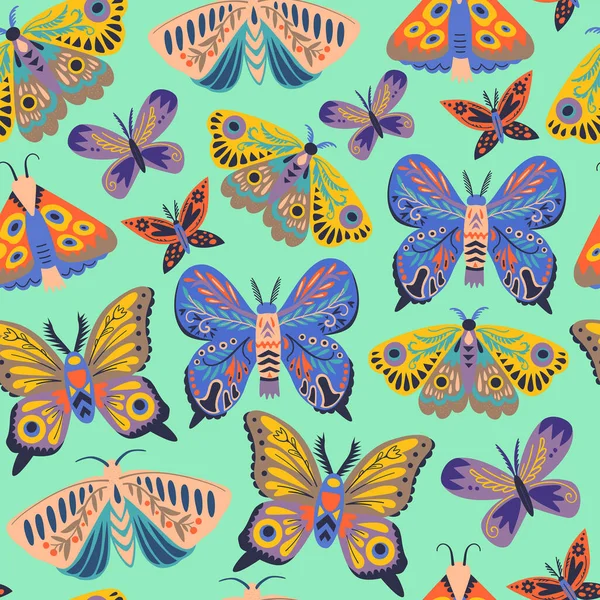Χαριτωμένο μοτίβο χωρίς ραφή με πεταλούδες και σκώρους. Doodle έντομο σε μινιμαλιστικό στυλ. Χειροποίητη απεικόνιση. — Διανυσματικό Αρχείο