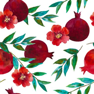 Nar çiçekleri ve dallarla sulu boya deseni. Elle boyanmış resim. 