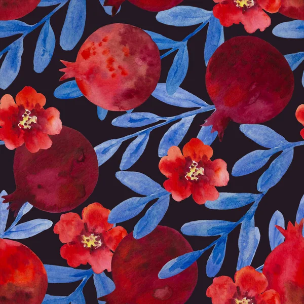 Aquarel naadloos patroon met granaatappel bloemen en takken. Handgeschilderde illustratie. — Stockfoto
