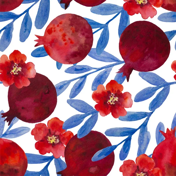 Watercolor seamless pattern with pomegranate flowers and branches. Hand painted illustration. 