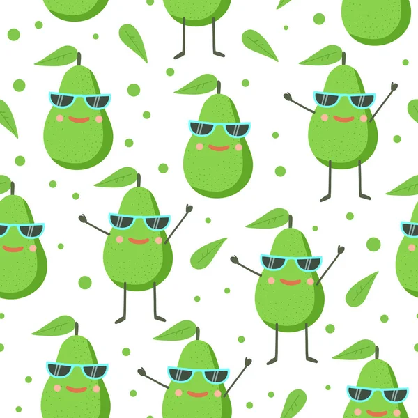Cute seamless pattern with happy joy avocado character in sunglasses. Vector cartoon Illustration. — Stock Vector