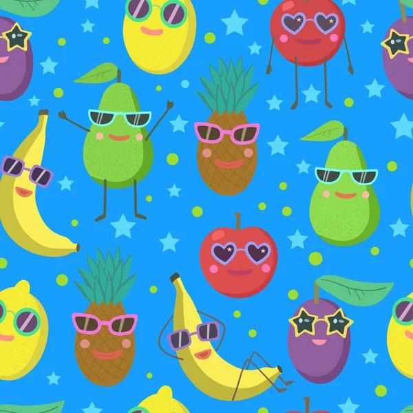 Carino modello senza soluzione di continuità con personaggi di frutta dei cartoni animati in occhiali da sole, avocado, banana, ananas, limone e mela. — Vettoriale Stock