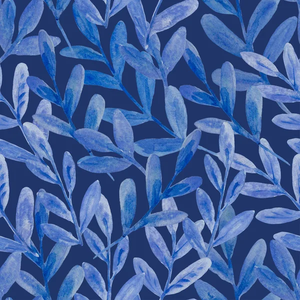 Aquarel naadloos patroon met blauwe abstracte bladeren voor design en stof. — Stockfoto