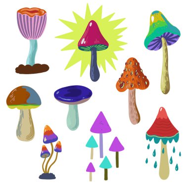 Beyaz arka planda izole edilmiş saykodelik ve peri rengi mantarlar. Vektör el çizimi resimleme.