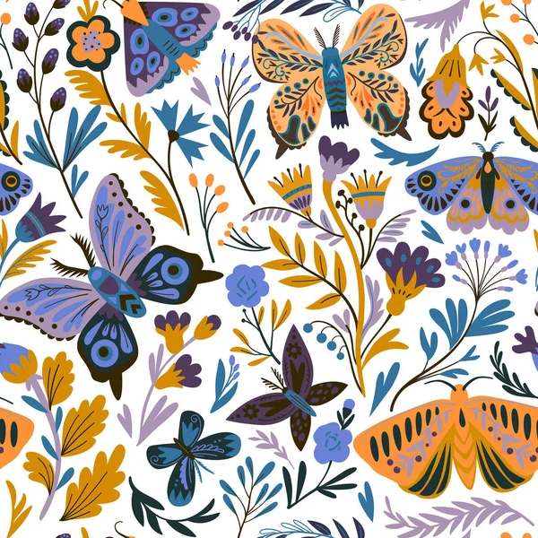 Κομψό μοτίβο χωρίς ραφή με διακοσμητικά αφηρημένα λουλούδια, πεταλούδες και σκώρους σε στυλ doodle. Εικονογράφηση διανύσματος. — Διανυσματικό Αρχείο