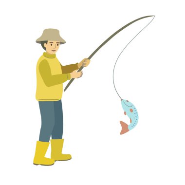 Sarı çizmeli ve şapkalı bir balıkçı beyaz bir arka planda oltayla balık yakalamış..