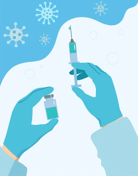 Las manos en los guantes médicos sostienen una jeringa llena. Concepto de vacunación covid 19. Colores azul y blanco. — Vector de stock