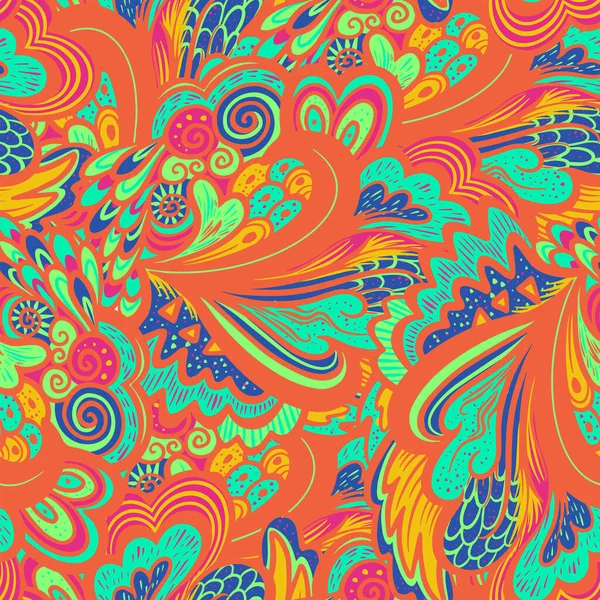 Ljusa färgglada hippie sömlös psykedelisk mönster med abstrakta lockigt och växtelement. — Stock vektor