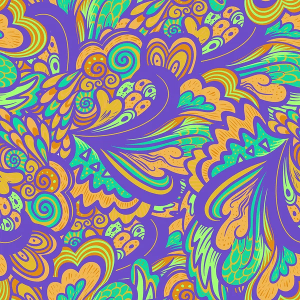 Patrón psicodélico brillante y colorido hippie sin costuras con elementos abstractos rizados y vegetales. — Vector de stock