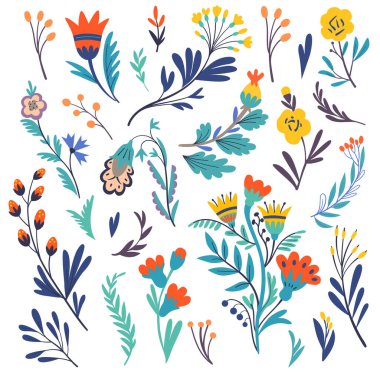 Soyut şirin basit renkli karalama bitkileri ve beyaz arka planda izole edilmiş çiçekler..